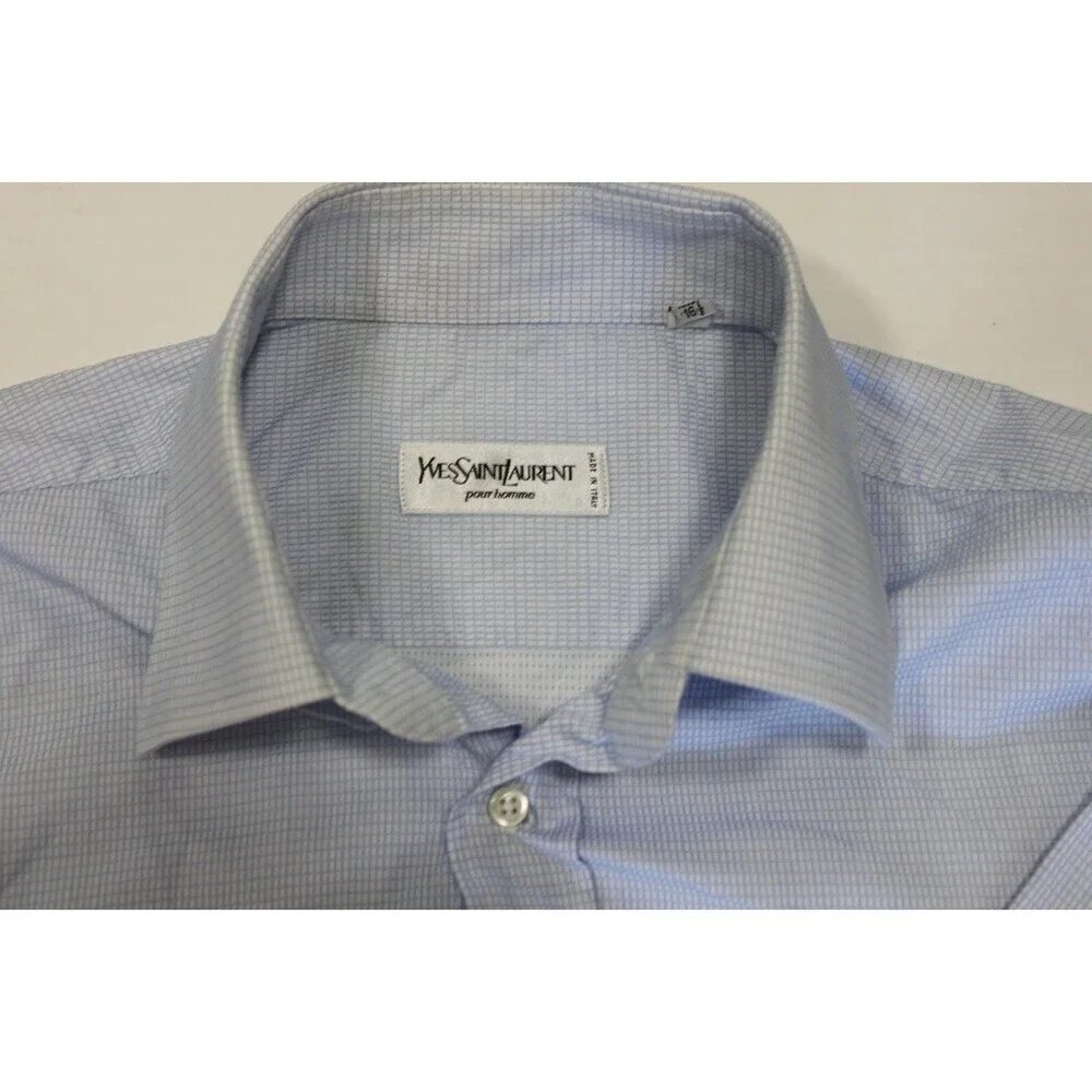 Yves Saint Laurent Mens Button Up Dress Shirt Blue and White Check 16.5 / 42